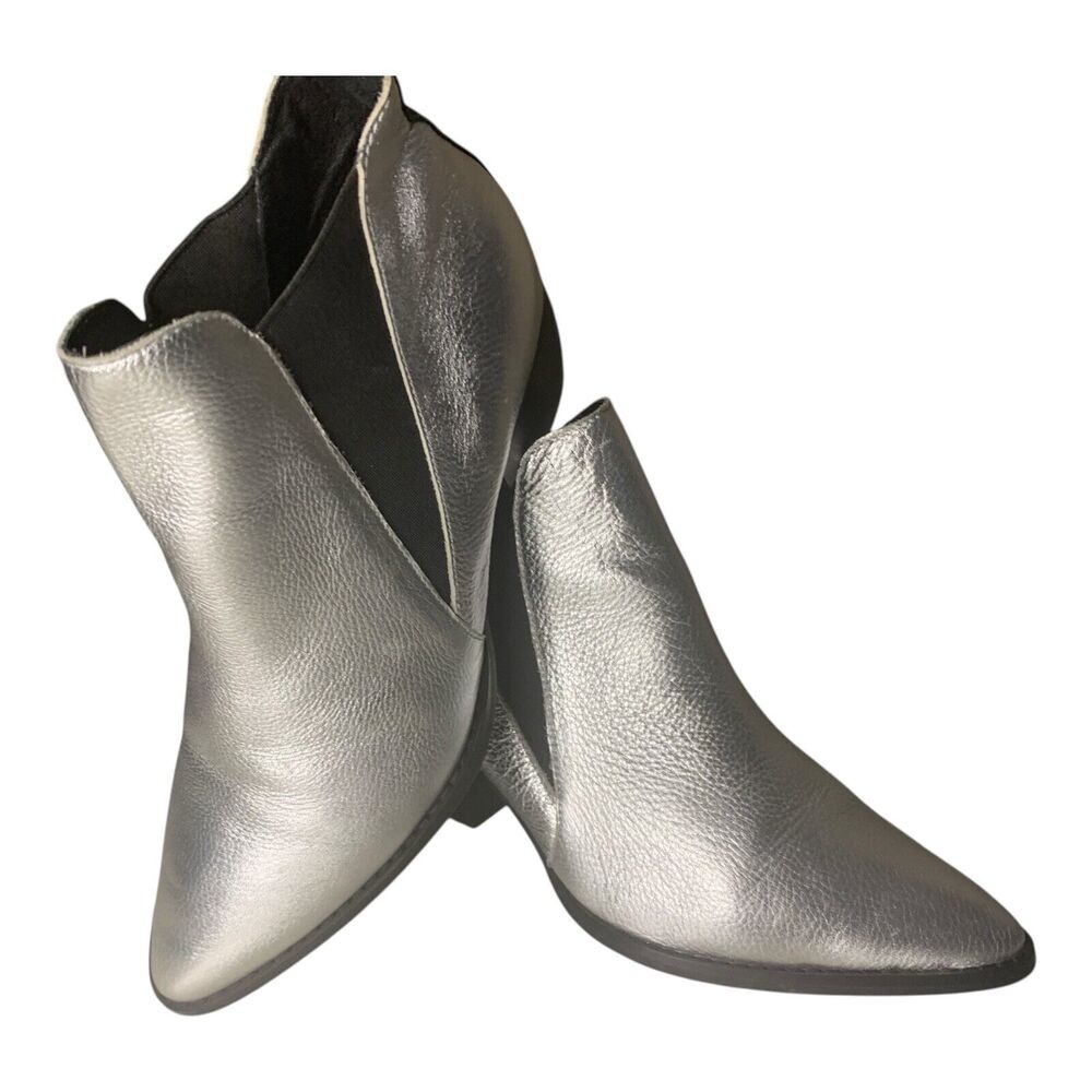 Sol Sana Ankle Boots WOMENS Size 7.5 US 38 EUR Silver Slip On Stretch Black Heel